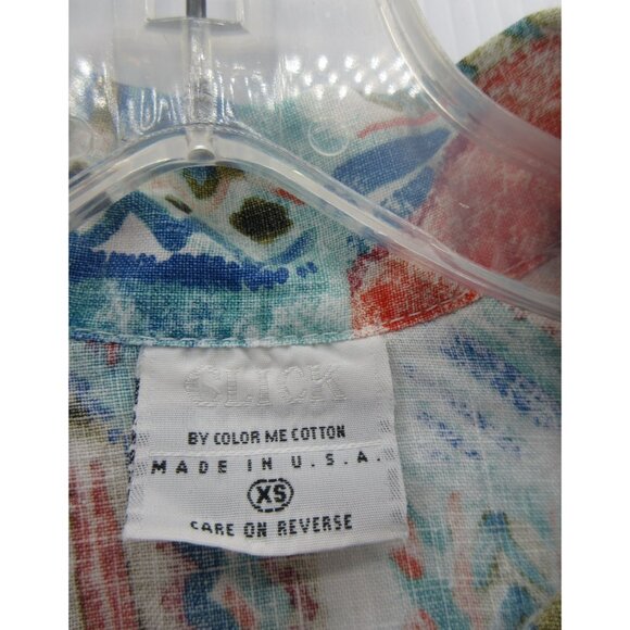 VINTAGE Click CMC Top XS Linen Shirt Abstract Southwestern Aztec 90s - Picture 8 of 10